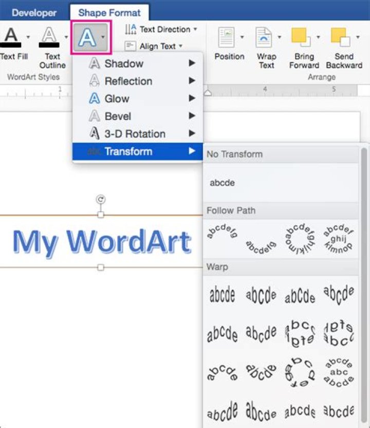 How do I change the shape of WordArt in Word?